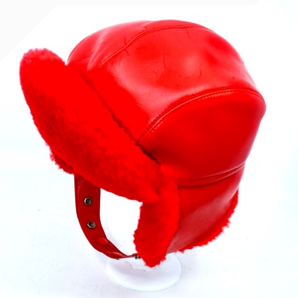 Vintage Hunter Trapper Men's Hat w/ Ear Flaps RED LEATHER & SHEARLING SIZE LARGE - Picture 1 of 10